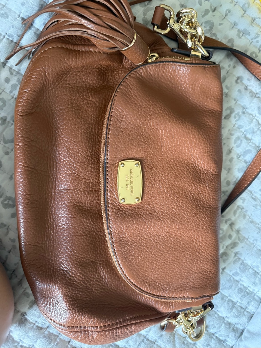 Michael Kors Cognac Leather Shoulder Bag with Tassel and Gold Hardware